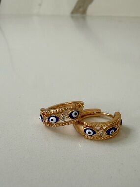 Gold-Tone Evil Eye Huggie Hoop Earrings - Blue & White